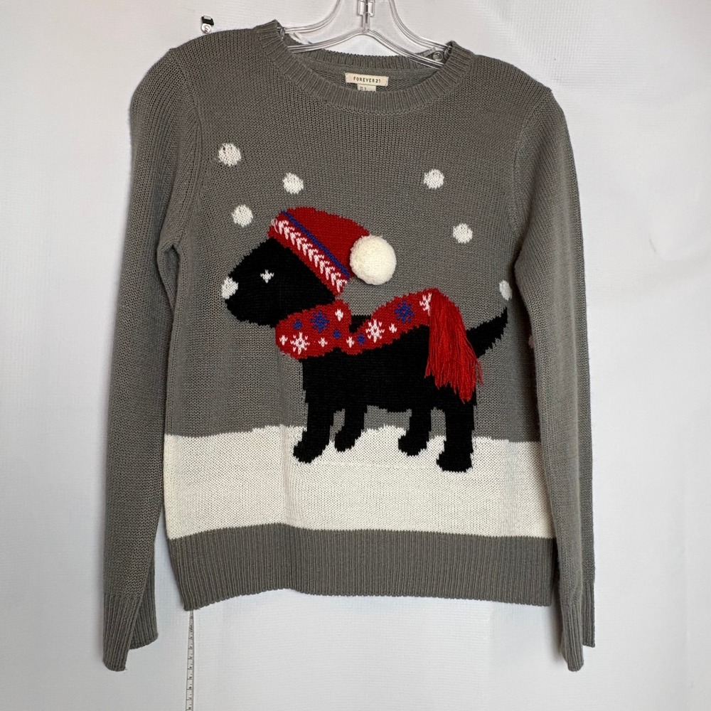 Forever 21 Womens Black Scottie Dog Christmas Crop Sweater Snow Scarf Hat Size S